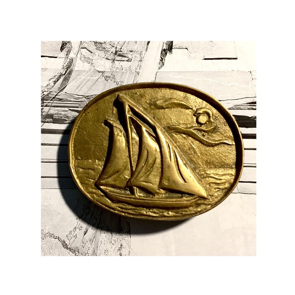 Vintage Hand Tooled Brass Sailboat Belt Buckle